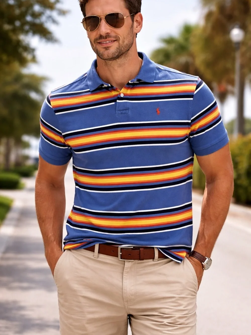 Polo by Ralph Lauren Blue Polo with Multicolor Stripe Detail - Picture 6 of 6